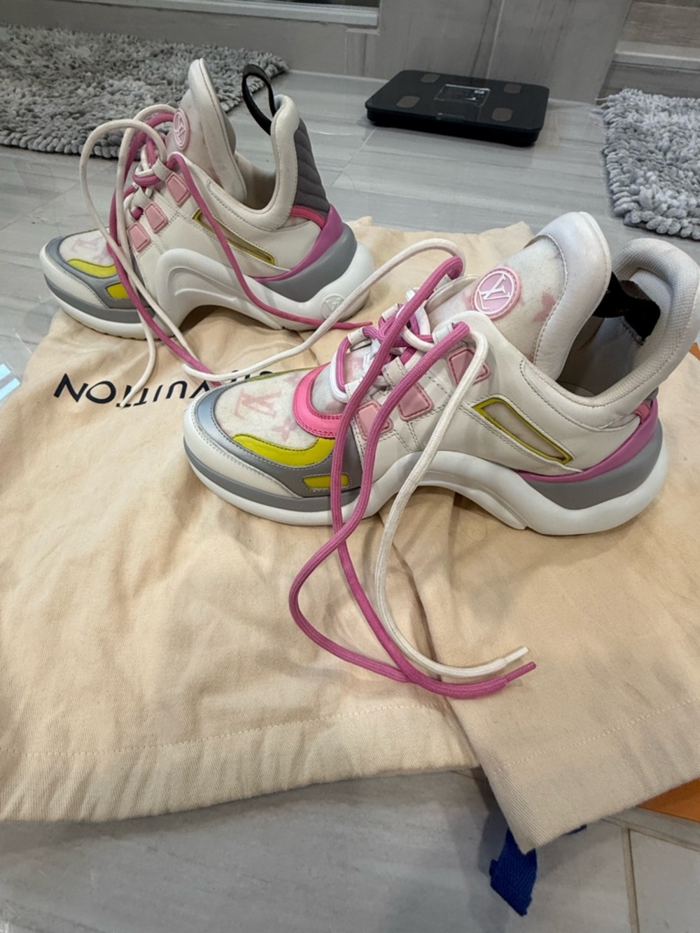Louis Vuitton White Pink Gray Sneakers with Yellow Accents